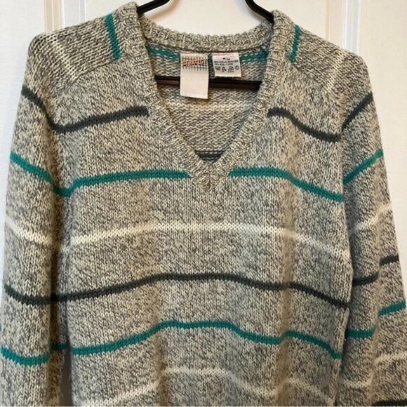 Vintage Strategy Wool Blend Gray Knit Striped V-neck Sweater - Picture 4 of 6